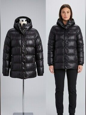 Women’s Marmot 650 Fill Power Down Puffer Jacket Black Glossy Hooded Winter Coat